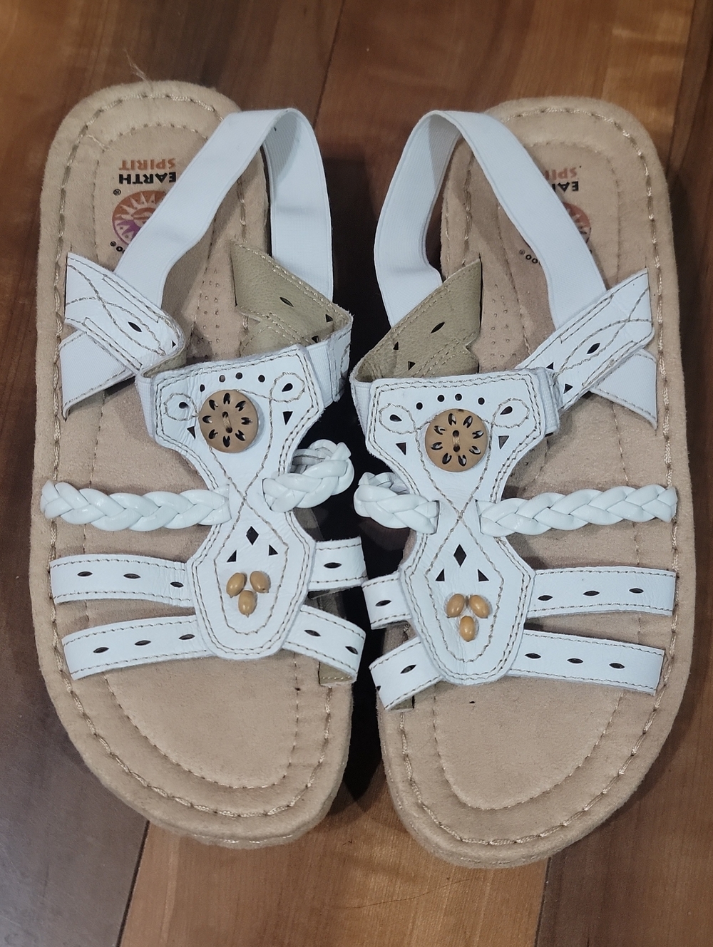 Earth Spirit White Braided Strap Women's Sandals with Decorative Buttons